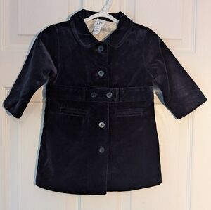 Baby Gap Navy Blue Cotton Velour Coat Lined Button Belted Waist 12-18 Monts